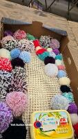 Pompom making kit plus rug kit, includes wooden pompom maker, mesh matting for rug making and lots of pompoms