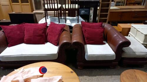 Quality ' Klaussner ' real leather large two seat sofa, armchair and large footstool. Lifts off base for easy access and removal