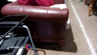 Quality ' Klaussner ' real leather large two seat sofa, armchair and large footstool. Lifts off base for easy access and removal - 2