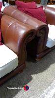 Quality ' Klaussner ' real leather large two seat sofa, armchair and large footstool. Lifts off base for easy access and removal - 3