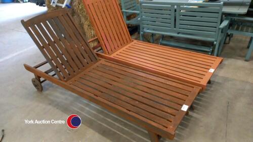 2 x hardwood sun loungers on wheels