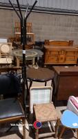 Metal coat/hat stand, wooden stool, wooden bed tray plus small retro side table