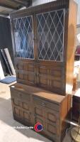 Large oak dresser with leaded glass display top - 2