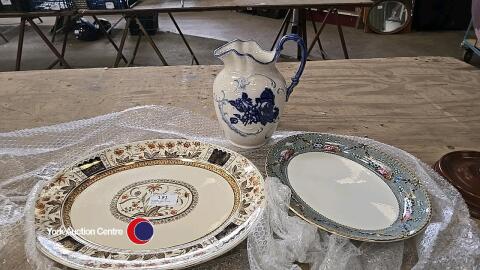 2 large vintage platters and large water jug