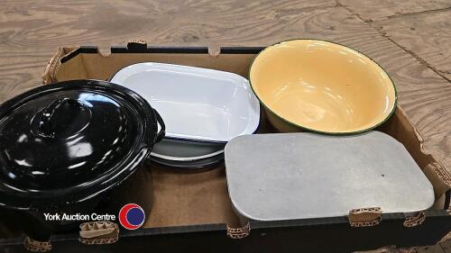 Vintage enamel dishes and cooking pot with lid