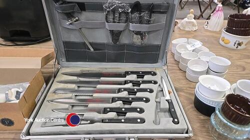 Set of 6 steak knives and forks plus various kitchen knives, sharpening steel and scissors in strong metal lockable case.