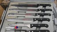 Set of 6 steak knives and forks plus various kitchen knives, sharpening steel and scissors in strong metal lockable case. - 2
