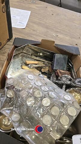 Tin box of coins and cutlery, maybe some silver