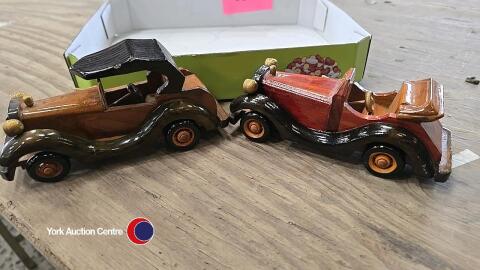2 x wooden vintage model cars