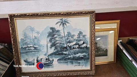 Gold framed blue oil on canvas