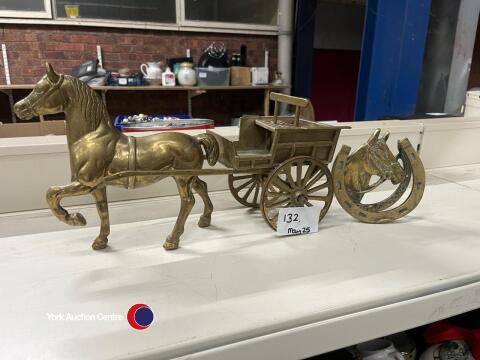 Brass decorative horse and trap and horseshoe