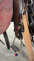 Excellent quality leather Australian cob saddle and bridle ect. Beautifully worked in brown leather with brass fittings. Used three times. In excelle - 8