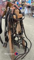 Excellent quality leather Australian cob saddle and bridle ect. Beautifully worked in brown leather with brass fittings. Used three times. In excelle - 9