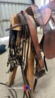 Excellent quality leather Australian cob saddle and bridle ect. Beautifully worked in brown leather with brass fittings. Used three times. In excelle - 10