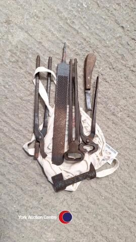 set of blacksmiths tools, pincers, rasp, hoof knife, clencher etc