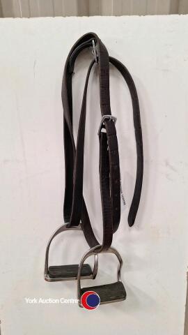 Pair bent leg safety stirrups and stirrup leathers