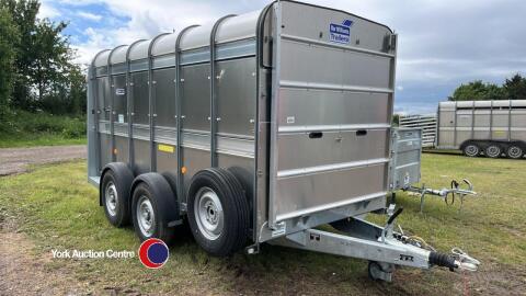 Unused Ifor Williams TA510G 12ft twin axle livestock trailer, fold down front flap and large dividing gate