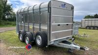 Unused Ifor Williams TA510G 12ft twin axle livestock trailer, fold down front flap and large dividing gate