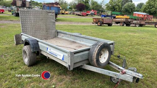 Indespension 8x4 plant trailer, 2 recent wheels and tyres, tows well, 7 pin magnetic lights, drop down back