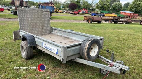 Indespension 8x4 plant trailer, 2 recent wheels and tyres, tows well, 7 pin magnetic lights, drop down back