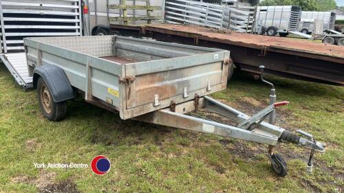 Brenderup 2260 S single axle trailer, 1000kg, tilting bed, overall 408x204x90; internal 258x153x40. Steel construction with faced plywood floor, age unknown, brakes need attention/servicing