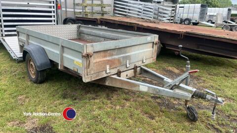 Brenderup 2260 S single axle trailer, 1000kg, tilting bed, overall 408x204x90; internal 258x153x40. Steel construction with faced plywood floor, age unknown, brakes need attention/servicing