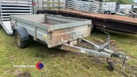 Brenderup 2260 S single axle trailer, 1000kg, tilting bed, overall 408x204x90; internal 258x153x40. Steel construction with faced plywood floor, age unknown, brakes need attention/servicing
