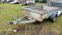 Brenderup 2260 S single axle trailer, 1000kg, tilting bed, overall 408x204x90; internal 258x153x40. Steel construction with faced plywood floor, age unknown, brakes need attention/servicing - 2