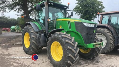 John Deere 7230R tractor, Autopowr gearbox, PUH, electric spools, 7029 hours, YJ62 KFP, key in office