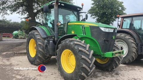 John Deere 7230R tractor, Autopowr gearbox, PUH, electric spools, 7029 hours, YJ62 KFP, key in office