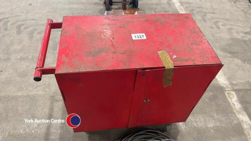 Red tool box on with wheels. Key in office