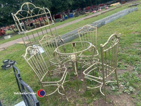 Round garden table with 4 chairs plus tall shelving unit