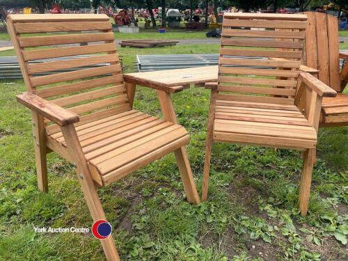 2 x solid oak garden chairs with side table