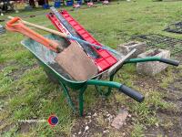 Wheelbarrow and garden tools
