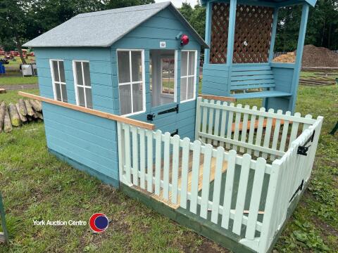 4ft x 4ft children's playhouse with 4ft x 4ft garden and fence, wood treated and painted, new
