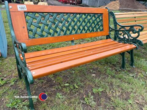 4ft 6ins fully restored cast iron and wood garden bench with cast iron back, wood treated and varnished