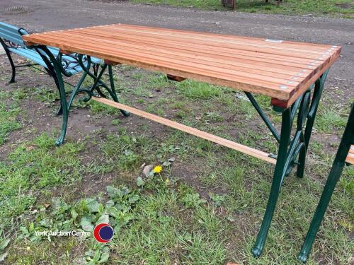 4ft 6ins fully restored cast iron and hardwood garden table, varnished