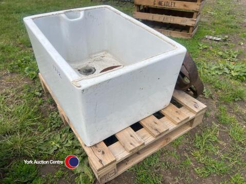 Pallet of garden troughs and cast iron wheels