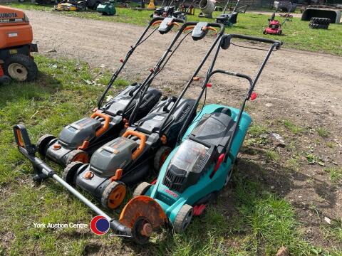3 x battery lawn mowers and 1 x battery strimmer