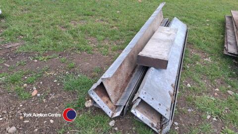 Galvanised steel guttering, 7 lengths approx 8ft long, rectangular profile, approx 1 ft wide and 4in deep and a part length