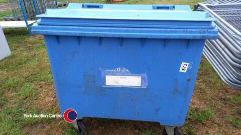 Large blue bin on wheels