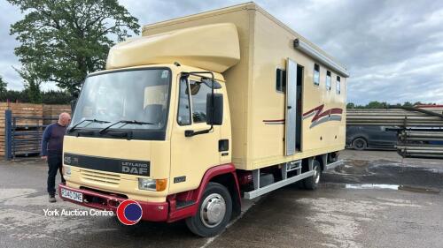 Leyland DAF 45 150 Horsebox R340DNE with Cummins engine. Genuine 72,000 miles. 2 owners & service history. MOT to 31/01/2026. Tacho: calibrated until 19/10/2025. Good tyres, spare on bracket. 2 Keys; engine isolator. Tow Bar & Electrics for a caravan; 20f