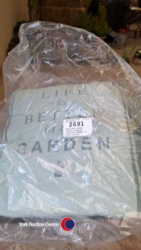 John Lewis green outdoor cushions inscribed GARDEN, 6 slate plastic flowerpots, unused and a cream metal trough