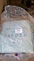 John Lewis green outdoor cushions inscribed GARDEN, 6 slate plastic flowerpots, unused and a cream metal trough