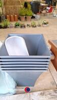 John Lewis green outdoor cushions inscribed GARDEN, 6 slate plastic flowerpots, unused and a cream metal trough - 2