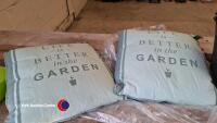 John Lewis green outdoor cushions inscribed GARDEN, 6 slate plastic flowerpots, unused and a cream metal trough - 3