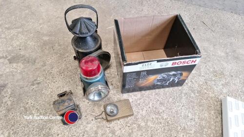 Old railway guards lamp stamped D2 LNE, old rear cycle lamp oil not battery, 2 old battery torches 1960's?