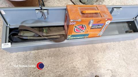 Shotgun cabinet, cleaning kit in wooden box and 2 gun slips.