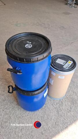 3 animal feed storage drums, 1 x 330 x 690mm with lockable lid. 2 x 350 x 490mm blue plastic with screw lids