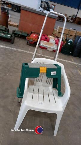 Aluminium step ladders, white plastic garden chair and garden kneeler